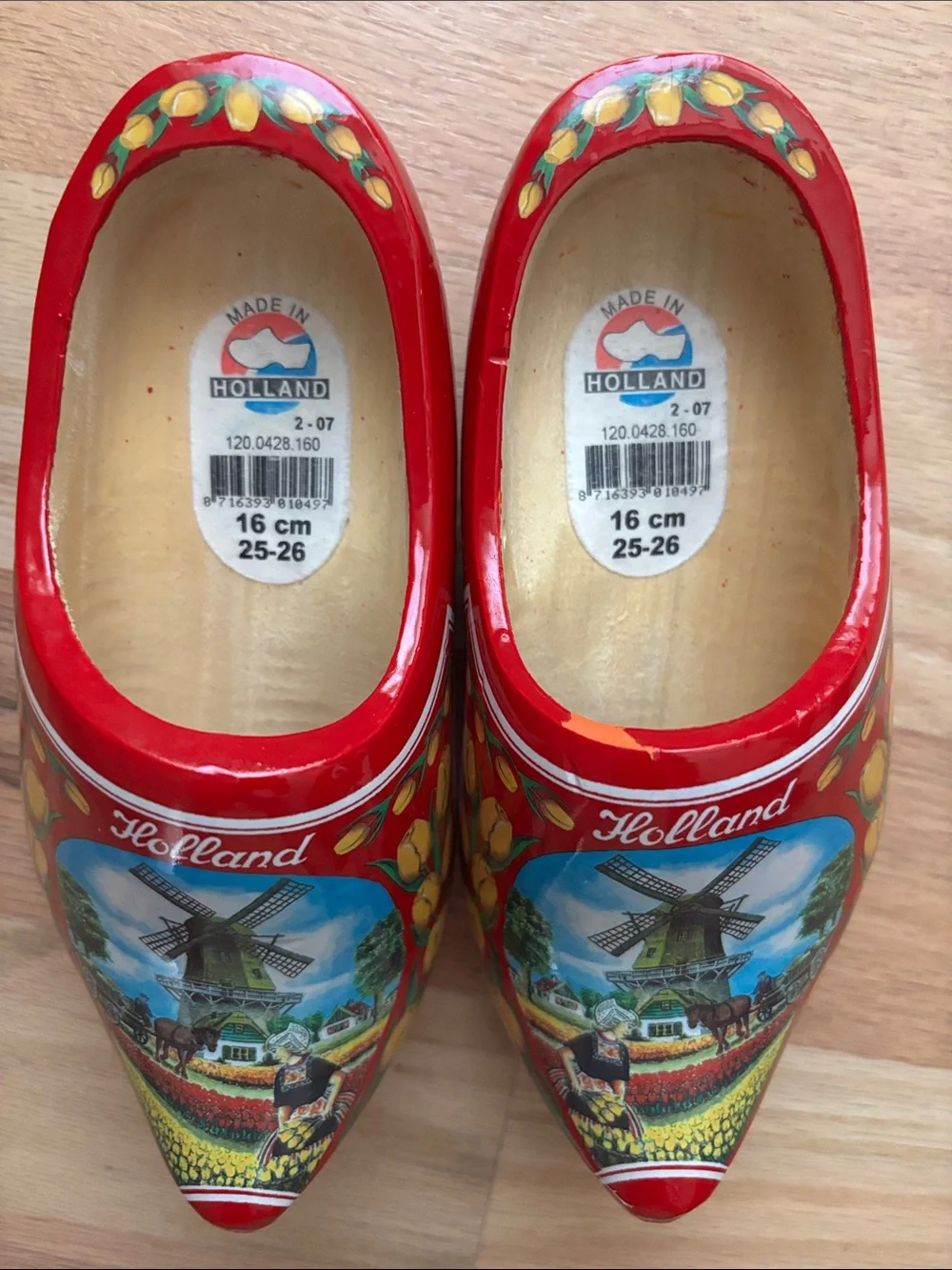 Kids Red Holland Wooden Clogs with Windmill Artwork